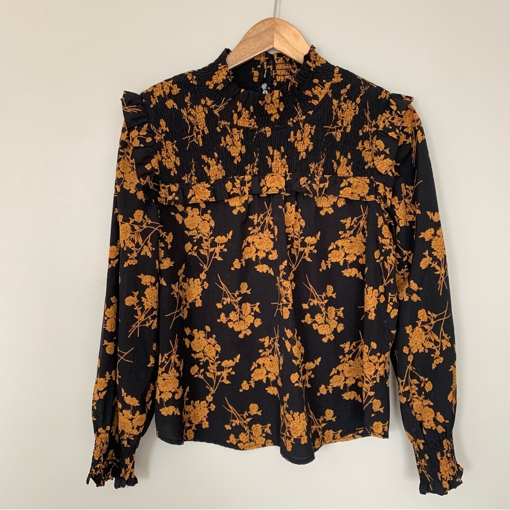 Women's THML Floral Long Sleeve Blouse Black Ruffles Smocked Size Medium